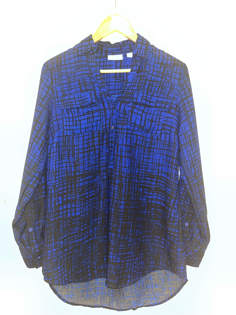 Abstract Grid Button-Down Blouse - Blue and Black
